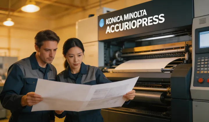 Konica Minolta AccurioPress video still with operators reviewing color