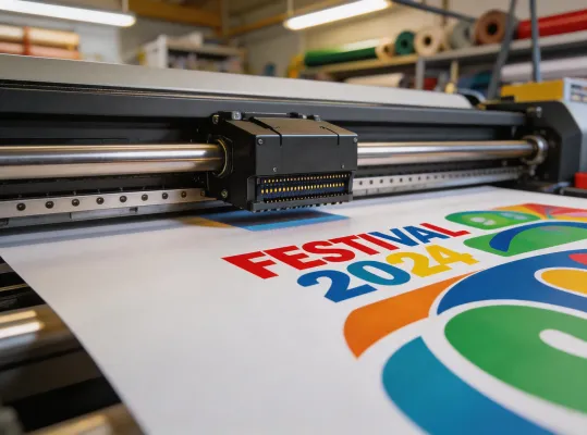 Konica Minolta wide-format printer printing a banner