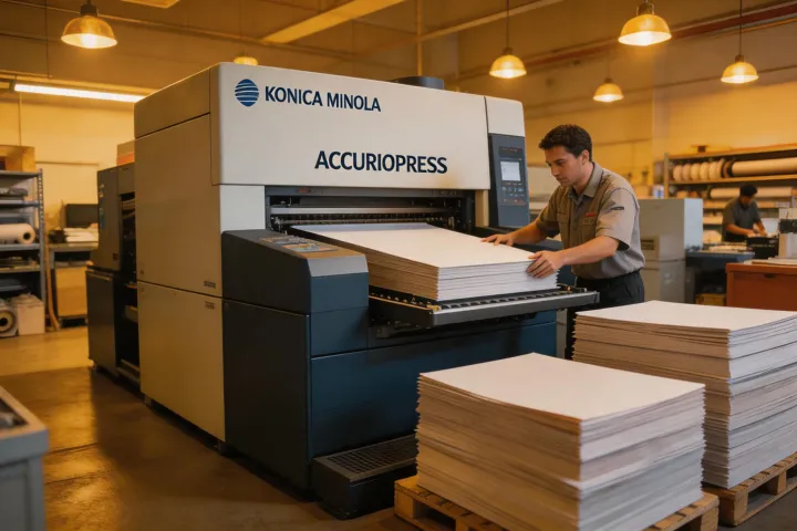 Konica Minolta production press on a commercial print shop floor