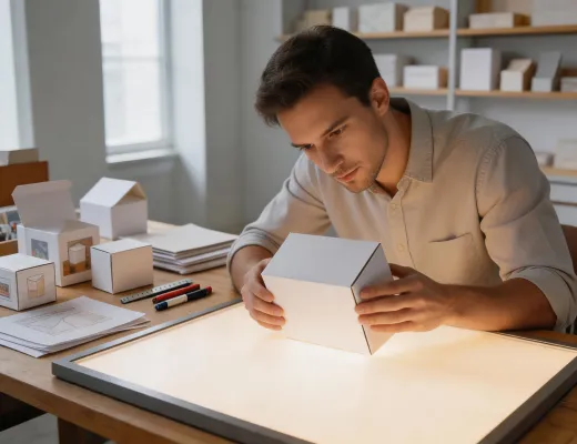 Packaging converter folding carton mock-up on light table
