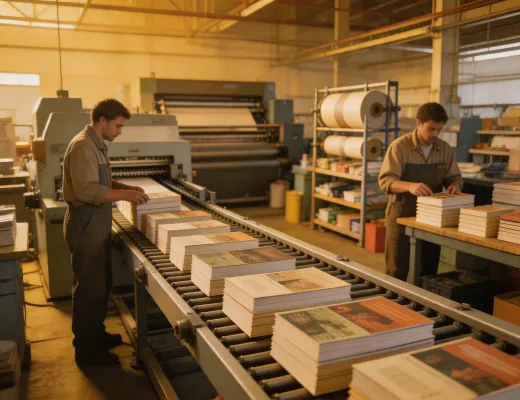 Commercial print shop with stacks of short-run books on finishing line