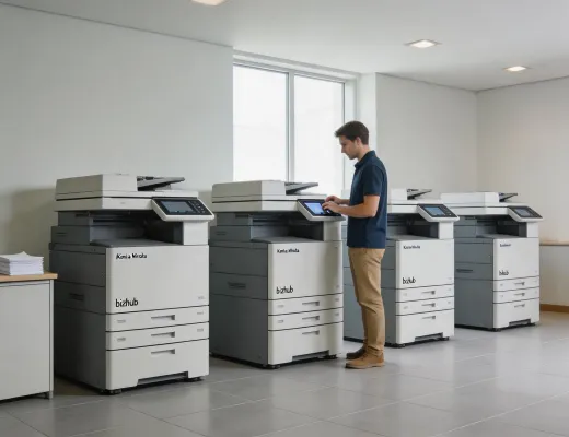 Corporate in-plant printing room with bizhub MFP fleet